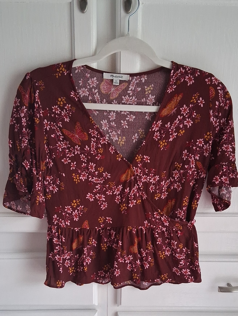 Madewell Burgundy Floral Wrap Peplum Blouse with Pink Accents